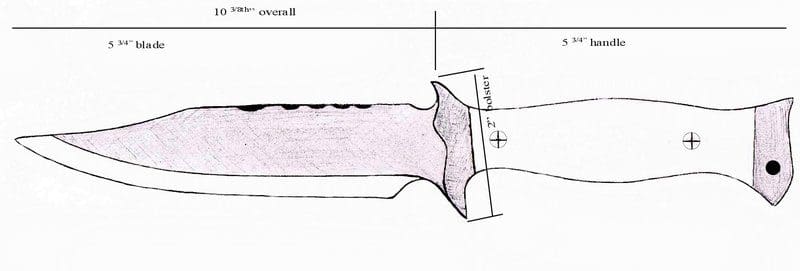 A drawing of the side view of an open knife.