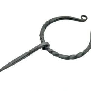 A black iron hook with a long handle.