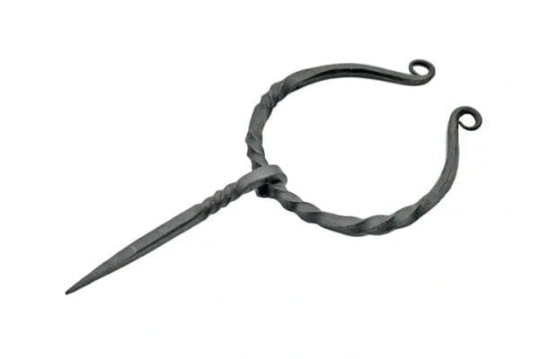 A black iron hook with a long handle.