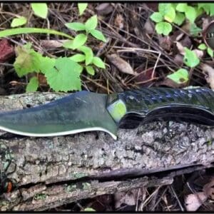 A knife laying on the ground in the woods.